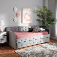 Baxton Studio CF9183-Grey-Daybed-T/T Jona Modern and Contemporary Transitional Grey Velvet Fabric Upholstered and Button Tufted Twin Size Daybed with Trundle